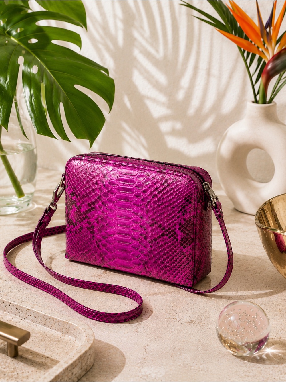 Fuchsia Genuine Python Crossbody – Real Snakeskin Shoulder Bag w Silver Hardware - Picture 2 of 16